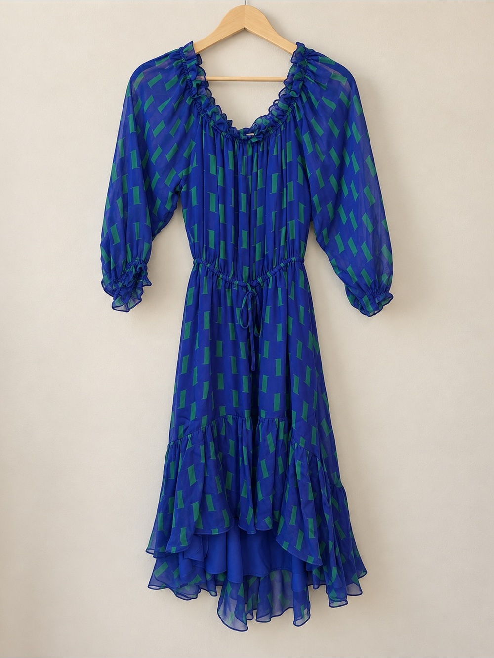 Diane von Furstenberg 100% Silk Ruffle Midi Dress Blue Green Size 0